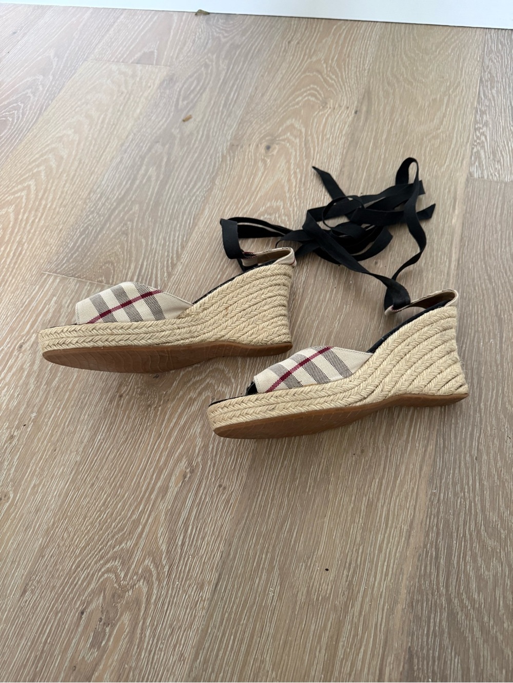 Burberry Shbecky Wedge Espadrille Sandals with Ribbon Ankle Tie